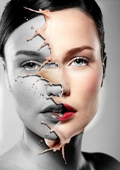 a woman's face has been altered to look like it is cracked