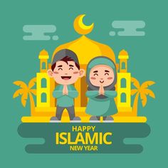 two people standing in front of a mosque with the words happy islamic new year written on it