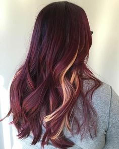 Burgundy And Caramel Hair, Burgundy Color Block Hair, Red Hair With Colored Highlights, Red Hair With Peekaboo, Red Multicolor Hair, Dark Red Hair With Blonde Highlights Burgundy, Burgundy And Red Hair, Burgundy Bayalage Hair, Dark Red Hair With Blonde Peekaboos