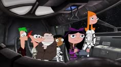 cartoon characters standing in the cockpit of a spaceship