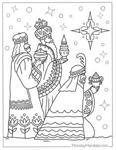 the nativity scene is outlined in black and white, with an image of two wise men