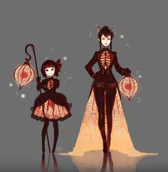 an image of two women dressed up as skeletons and holding umbrellas in their hands