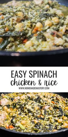 spinach, chicken and rice casserole in a skillet with text overlay