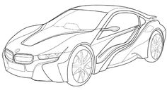 a drawing of a sports car in black and white, with lines on the side