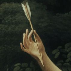 a hand holding a feather on top of a rock