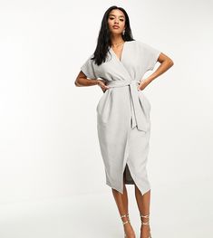 Petite by Closet London Petite Low effort, high reward Wrap front Tie waist Side pockets Regular fit Wrap Midi Dress With Tie Waist For Work, Chic Gray Midi Dress For Work, Gray Workwear Dresses With Pockets, Gray V-neck Dress For Work, Kimono Over Dress, Wedding Guest Outfits Uk, Gray Outfits, Kimono Wrap Dress, Dress For Petite Women