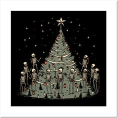 a christmas tree with skeletons around it