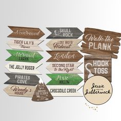 wooden signs pointing in different directions on a white background with the wording below them