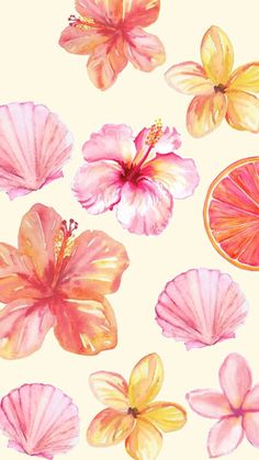 watercolor painting of pink flowers and orange slices