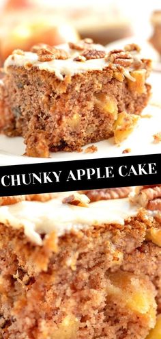 two pieces of cake sitting on top of a white plate with the words chunk apple cake