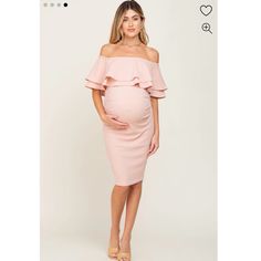 Light Pink Length 32” (Measured From Size S). Model Wearing Size S Fitted Maternity Dress Featuring Off Shoulder Ruffle Neckline And Ruched Sides Gender Reveal Dresses For Mom, Off Shoulder Ruched Dress, Fitted Maternity Dress, Pink Blush Maternity, Maternity Dress, Ruched Dress, Maternity Dresses, Blush Pink, Light Pink