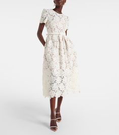 Floral lace midi dress in white - Self Portrait | Mytheresa Formal Scalloped Lace Midi Dress, Formal Midi Dress With Scalloped Lace, Lace Knee-length Dresses For Workwear, Knee-length Lace Dresses For Work, Formal Midi Length Lace Dress, Lace Belted Dress For Party, Belted Lace Dress For Party, Belted Lace Party Dress, Chic Lace Dress For Spring Workwear