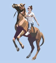 a man riding on the back of a brown horse next to a blue sky background