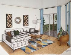 a drawing of a living room with couches and rugs in front of windows