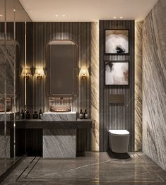 an elegant bathroom with marble walls and flooring