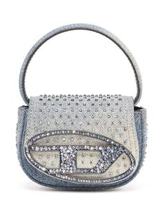 blue cotton leather denim crystal embellishment silver-tone logo plaque single circular top handle foldover top with magnetic fastening adjustable detachable shoulder strap main compartment Diesel 1dr, Diesel Bag, Cross Bag, Pretty Bags, Bag Light, Designer Style, Cute Bags, Chain Bags, Leather Mini