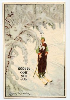 an old postcard features a woman on skis in front of a snow - covered tree