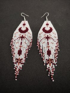 Maroon Crescent Moon Beaded Earrings Seed Bead Beadwork Fringe Tassel Magic Amulet Aesthetic Unique Jewelry Exclusive Slow Fashion Colorful - Etsy