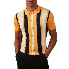 Material:43% Polyester, 57% Viscose.Embrace the spirit of the 1980s with our knitted polo shirt featuring a contrasting mod pattern and brightly colored design. The short sleeves and classic polo collar in a button-through style add a touch of retro sophistication. Size: XL.  Color: Orange.  Gender: male.  Age Group: adult.  Pattern: striped. Fitted Cotton Polo Sweater For Summer, Vintage Summer Tops With Casual Collar, Retro Spring Polo Collar Tops, Vintage Casual Collar Top For Spring, Vintage Tops With Casual Collar For Spring, Vintage Top With Casual Collar For Spring, Spring Vintage Tops With Casual Collar, Retro Polo Collar Tops For Fall, Fitted Casual Polo Sweater With Button Closure