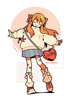 a drawing of a girl holding a heart shaped object in one hand and her arms out to the side