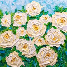 an oil painting of white roses with green leaves on a blue and yellow background,