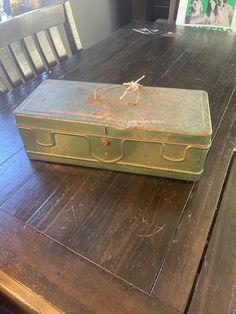 an old suitcase sitting on top of a wooden table