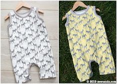 two baby rompers with horses on them, one in yellow and the other in grey