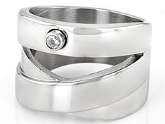 Sophisticated Steel® stainless steel with white diamond simulant accent split band ring. Ring measures approximately 5/8 of an inch in width and is not sizeable. Modern Channel Set Stackable Rings, Silver Stainless Steel Stackable Rings, Modern Stainless Steel Ring For Formal Occasions, Modern Stainless Steel Ring For Formal Events, Modern Stackable Rings With Cubic Zirconia, Modern Stainless Steel Jewelry With Diamond Accents, Elegant Stackable Stainless Steel Promise Rings, Modern Silver Diamond Promise Ring, Modern Cubic Zirconia Diamond Ring