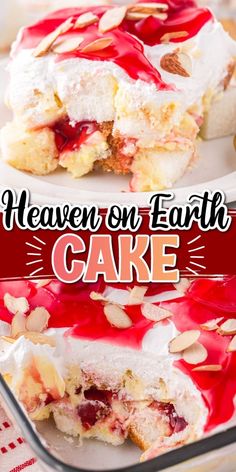 a close up of a cake on a plate with the words heaven's earth cake