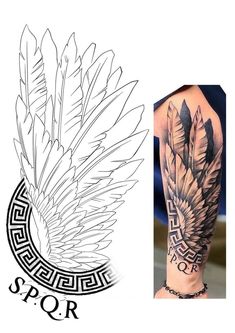 an arm tattoo with feathers on it and the words spqr written in roman numerals