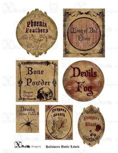 some old fashioned labels and stickers on a white background with the words bone powder, devils