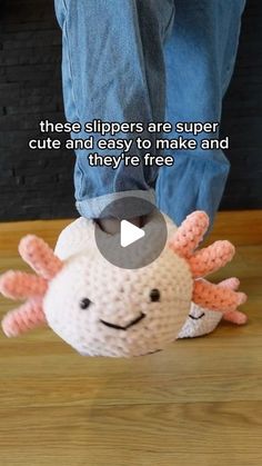 a person standing on top of a wooden floor next to a stuffed animal with the caption, these slippers are super cute and easy to make and they're free