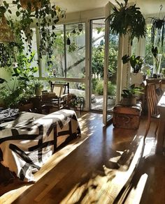 a bedroom with wooden floors and lots of plants