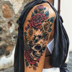 Premium Arm Tattoos For Women Tattoo Files Unique Tattoo Sleeves For Women, Rose Arm Tattoos For Women, Outer Forearm Tattoo Women Unique, Unique Upper Arm Tattoos For Women, Half Sleeves For Women, Annie Tattoo, Pretty Skull Tattoos, Skull Tattoo Flowers, Gothic Tattoos