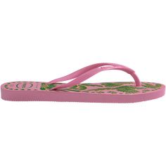 Discover the tropical charm of the Havaianas Pink Lemonade Slim Tucano flip flops for women, where the star attraction is the detailed sole with vibrant drawings of tropical scenes, including flowers, palm trees, and birds. Step into summer style with the Havaianas Slim Tucano flip flops, the perfect blend of fashion and comfort for women seeking a touch of paradise in their footwear. • Open toe flip flops • Slip-on design • Slim Havaianas straps • Havaianas rubber logo • Cushioned footbed with Pink Beach Slippers With Removable Insole, Pink Slippers With Removable Insole For Beach, Pink Cushioned Flip Flops For The Beach, Pink Tropical Sandals For Summer, Pink Tropical Sandals For Spring, Tropical Open Toe Flip Flops For Swimming, Pink Tropical Sandals For Vacation, Pink Tropical Style Flip Flops With Round Toe, Pink Tropical Flip Flops For Summer