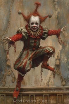 a painting of a creepy clown jumping in the air