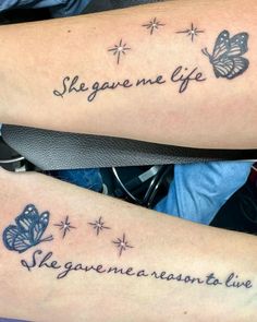 two tattoos with words and butterflies on them