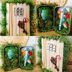 four different pictures of various items in tins with grass growing on the top and bottom