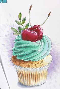 a drawing of a cupcake with green frosting and a cherries on top