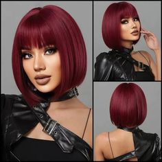 Straight Red Bob Wigs For Women Short Maroon Bob Synthetic Hair Wig With Bangs Red Bob Hair, Red Bob, Wigs Hair Extensions, Wigs With Bangs, Wig Cap, Bob Wigs, Hair Wig