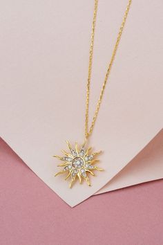 14k 18k 10k Solid Gold Diamond Sun Necklace, Celestial Wedding Jewelry, Dainty Sunburst Necklace for Women, Christmas Gift for Mom  FEATURES• Solid Gold (real gold, not gold plated or gold filled material)• Gold Karat: 10K (417) - 14K (585) - 18K (750) (optional)• Pendant Height: 0.75 Inches (1.91 cm)• Pendant Width: 0.75 Inches (0.91 cm)• Available Gold Color: Yellow gold, rose gold and white gold (optional)• Diamond weight: Total 0.25 ct• Diamond color: G-H Color• Diamond clarity: SIOur gold n Sparkling 14k Gold Wedding Jewelry, Sparkling Yellow Gold Necklaces For Wedding, Celestial Wedding Jewelry With 17 Jewels, Sparkling 14k Yellow Gold Jewelry, Wedding Celestial Jewelry With Brilliant Cut, Celestial Diamond Necklace For Wedding, Celestial Style Diamond Wedding Necklaces, Celestial Wedding Necklace In 14k Gold, Celestial 14k Gold Wedding Necklaces