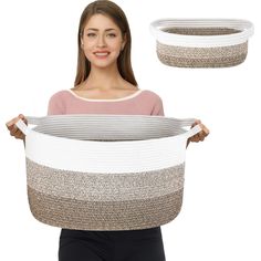 a woman is holding a large basket with two sides and one side has an open lid