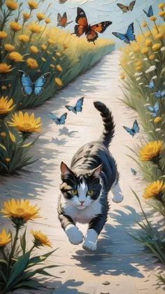 a cat is running down a path with butterflies flying above it and sunflowers in the background