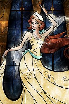 a stained glass window with a woman in a white dress holding an orange purse and wearing a tiara