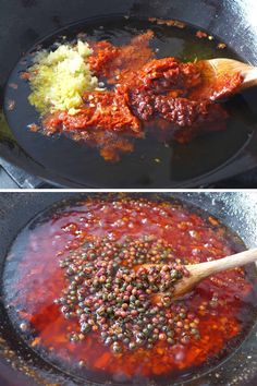 two pictures side by side showing the same food being cooked in a pan and then cooking