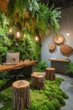 an office with moss growing on the floor and desks in front of it,