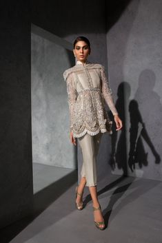 Buy Embellished Designer Frock and Trouser for Wedding Wear in premium quality fabric and detailing paired with net dupatta. Customizable. Fast Shipping Off White Dress, Off White Dresses, Glamorous Dresses, Designer Party Wear Dresses, Party Wear Indian Dresses, Dress Indian Style, Pakistani Dress Design, Indian Designer Outfits, Designer Dresses Indian