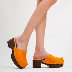 Clog High Heels Closed Toe Platform Women Orange Orange Slippers, Heels Closed Toe, Slipper Shoes Women, Studded Clogs, Orange Wedges, Casual High Heels, High Heel Slippers, Platform Clogs, Ankle Wrap Sandals