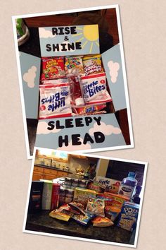 two pictures of food and drinks on a table with the words rise & shine sleepy head