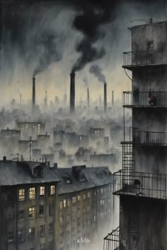 Industrial landscape Industrial Landscape Painting, Industrial City Art, Industrial City Concept Art, Distopian Architecture Art, Abandoned City Drawing, Environment Concept Art City, Industrial Art Painting, Industry Building